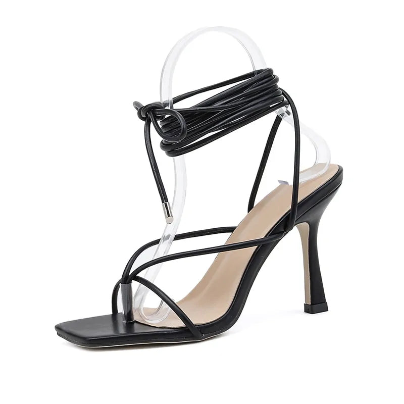 Vintage Square Toe High Heel Cross Strap Sandals for Women Rieworkes