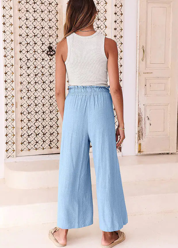 Elastic Waistband Lace-up Wide Leg Pants Solid Color Cropped Pants Rieworkes