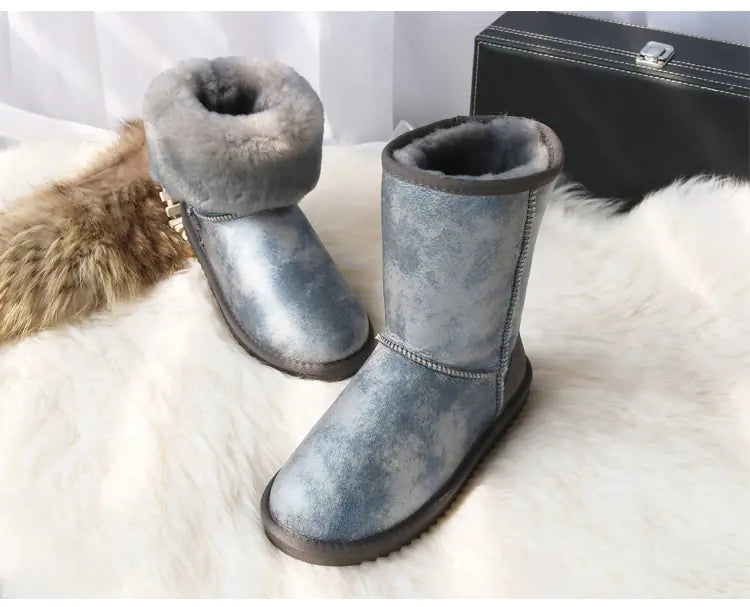 Genuine White Waterproof Women's Sheepskin Snow Boots Mimarta