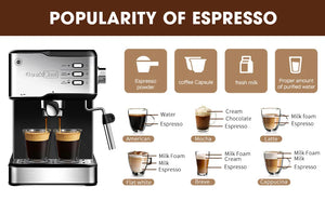 Geek Chef Espresso Machine, Espresso&Cappuccino Latte Maker 20 Bar Coffee Machine Compatible With ESE POD Capsules Filter&Milk Frother Steam Wand, 950W, 1.5L Water Tank,Ban Rieworkes