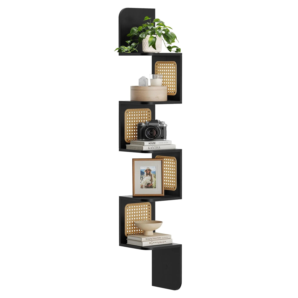 VASAGLE 5-Tier Corner Shelf Wall Mounted Floating Shelf Zigzag Corner Shelf Unit PVC Rattan Sides Space-Saving for Kitchen Living Room Bedroom Boho Style Ash Black ULLS582B21 Mimarta