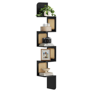 VASAGLE 5-Tier Corner Shelf Wall Mounted Floating Shelf Zigzag Corner Shelf Unit PVC Rattan Sides Space-Saving for Kitchen Living Room Bedroom Boho Style Ash Black ULLS582B21 Mimarta