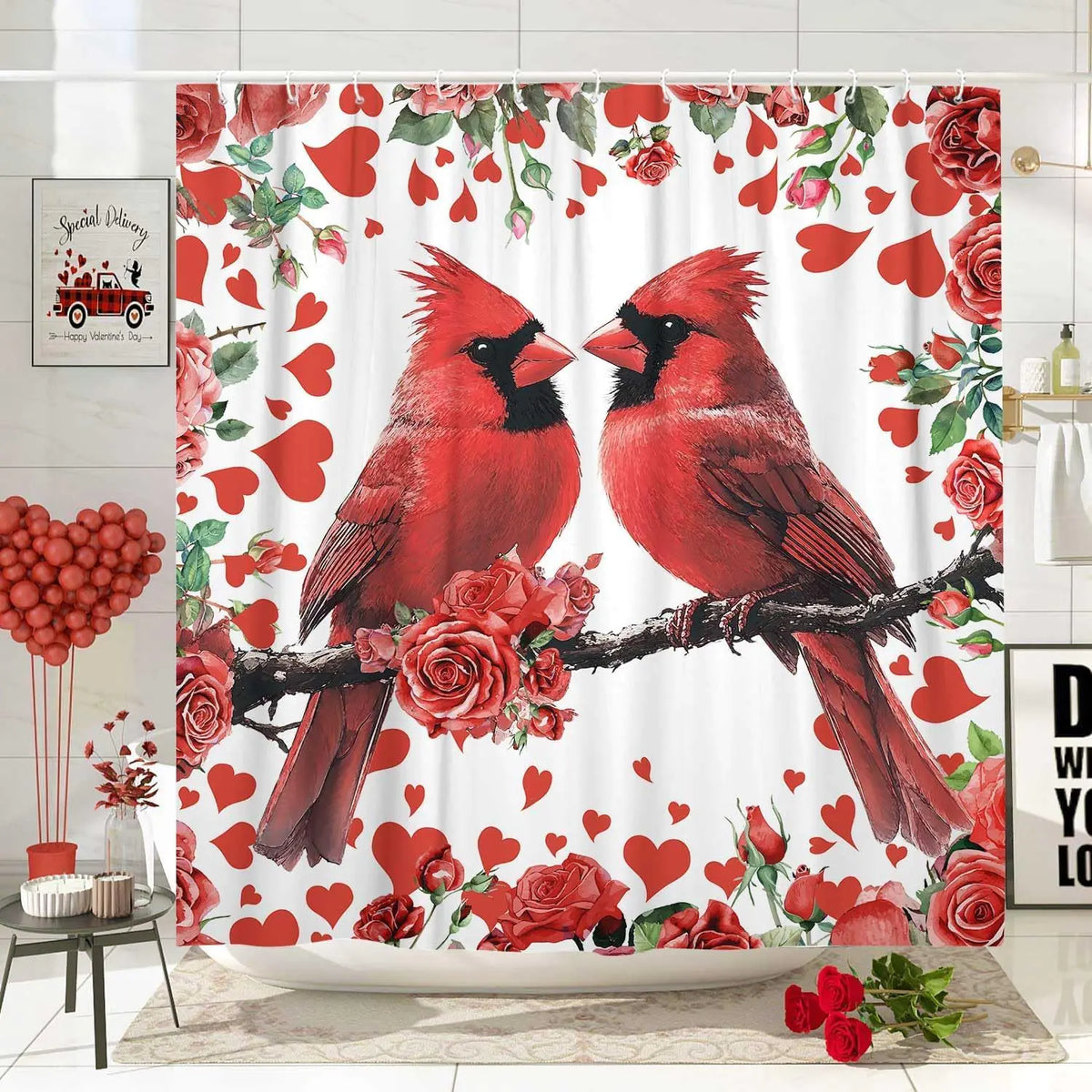 Valentines Shower Curtain Valentines Day Red Heart Cardinal Rose Valentines Day Curtain Bathroom Decor San Valentine Romantic Shower Curtain with Hooks Bathroom Accessories 70X84IN Mimarta