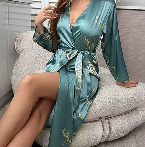 Cherry Print Satin Nightgown & Robe Set Rieworkes