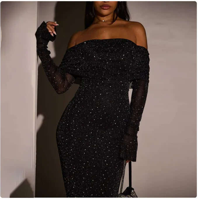 Sequined Off-shoulder Dress Women's Clothing Rieworkes