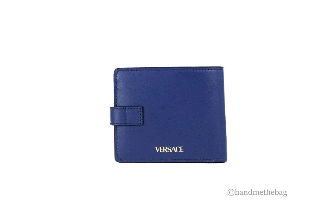 Versace Navy Blue Compact Leather Medusa Snap Bifold Wallet Mimarta