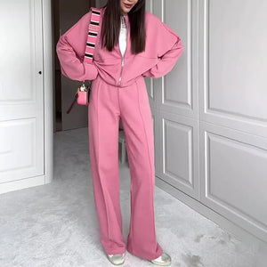 BASIC Solid Color Zip Sweater and Trousers Suit for Women Rieworkes