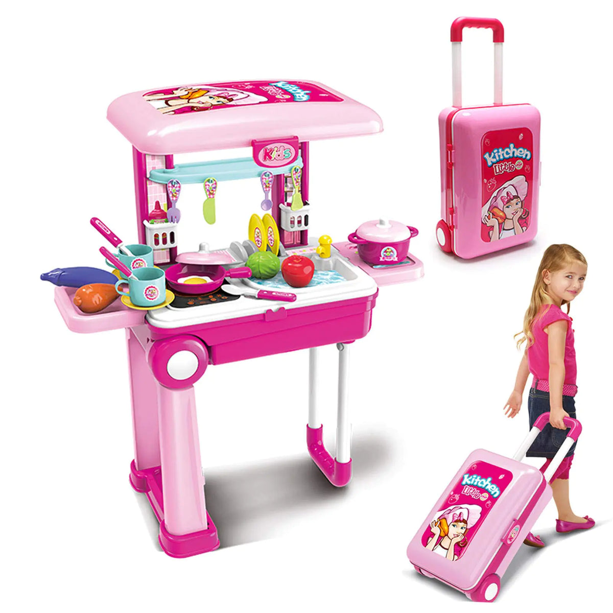 2-in-1Travel Luggage Turn into Play Kitchen Kids Kitchen Playset Toys with 25+Play Food for Toddelers Girls and Boys Pretend Play 25" H x 9.8" W x 20.8" L Mimarta
