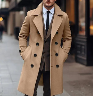 Fall Winter Men Woolen Coat Double Breasted Long Rieworkes