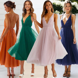 Elegant European American Gauze Strap Dress Mimarta