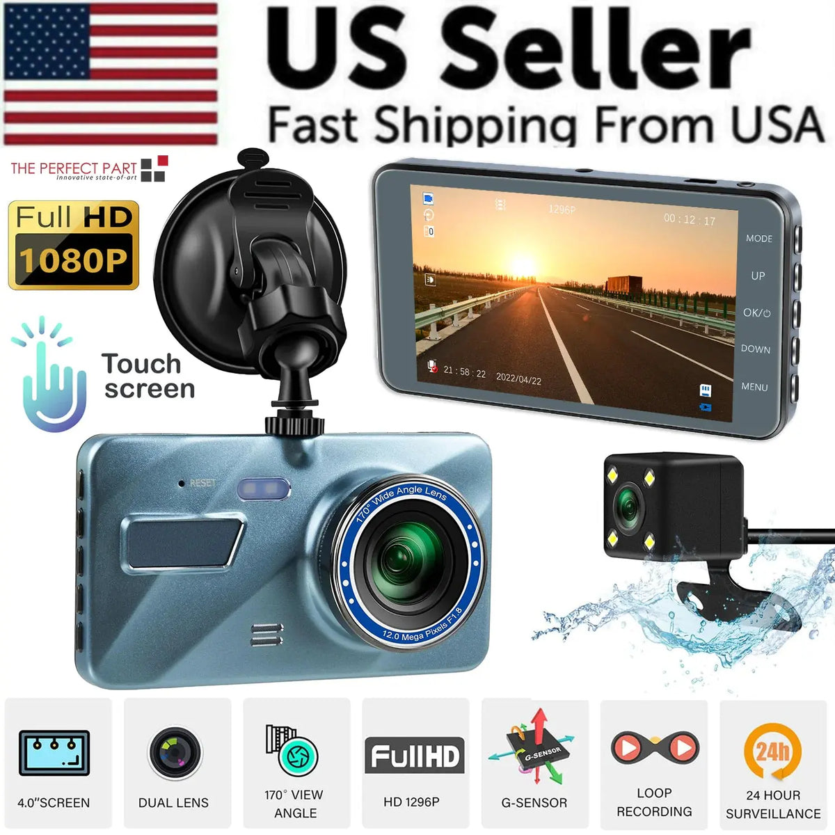 Touch Screen Dash Cam 4" 1080P Dual Lens Car DVR Recorder Front And Rear Camera Rieworkes