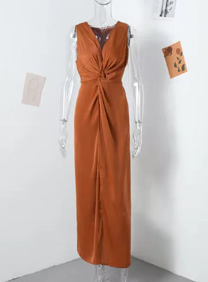 Knotted Evening Long Dress Women V-neck Sleeveless High Waist Split Solid Party Bodycon Dresses Rieworkes
