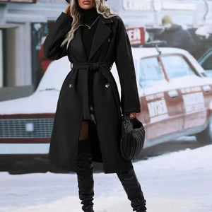 Women's Double-Breasted Trench Coat with Polo Collar and Lace-Up Belt: Thickened Solid Color Design Rieworkes