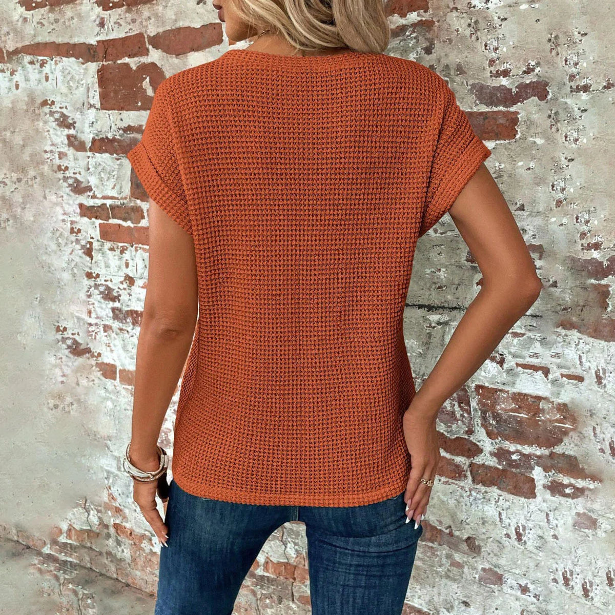 Chic and Comfy: Summer Solid Color Waffle Crew Neck Tee for Women Rieworkes