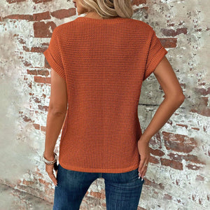 Chic and Comfy: Summer Solid Color Waffle Crew Neck Tee for Women Rieworkes