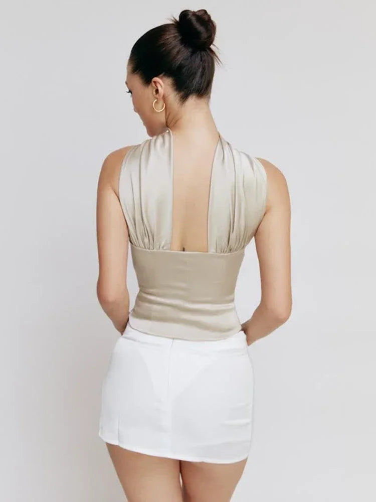 Halter Backless Satin Crop Tops Rieworkes
