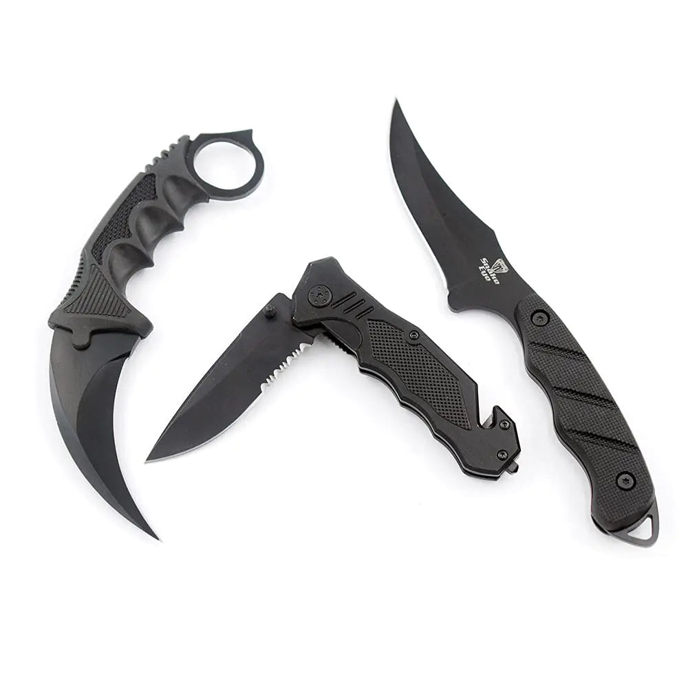 Snake Eye Tactical Triple Set Fixed Blade Mini Huntsman Folding Knife Outdoors Hunting Camping Fishing Self Defense (Black) Mimarta