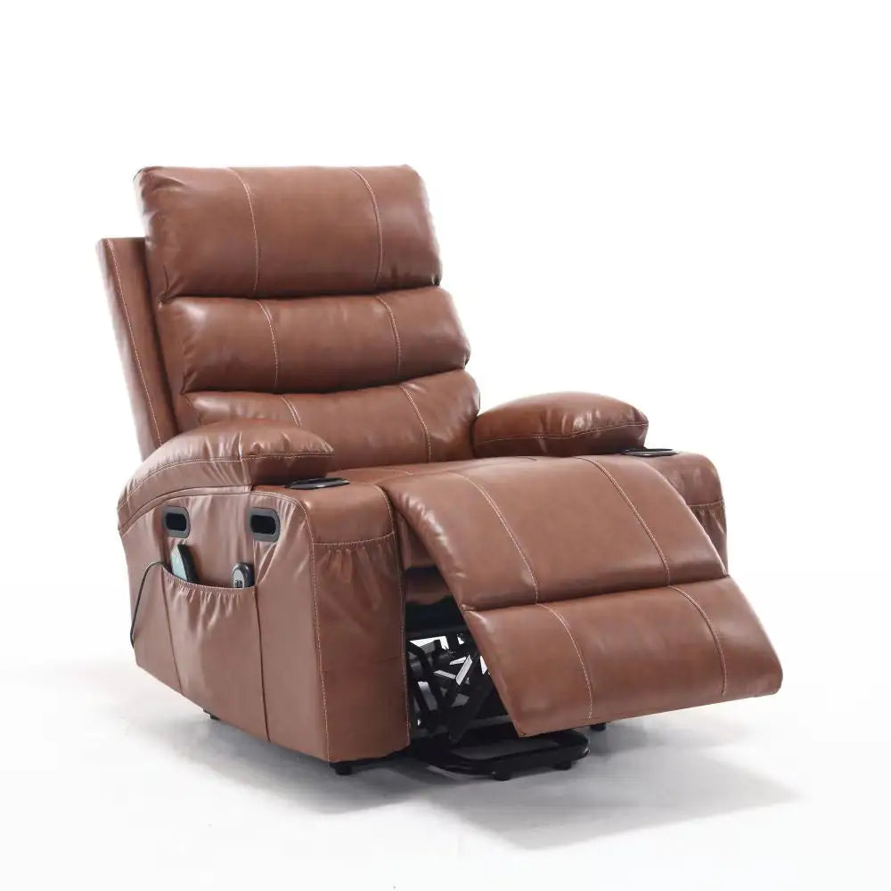 21 Inch Seat Width, Large-sized Electric Lift Recliner Sofa, 8-point Vibration Massage And Wood Heating, Remote Control, Side Pockets And Cup Holder, Comfortable Fabric, Filled Armrests Rieworkes
