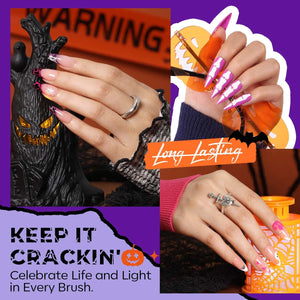 modelones Halloween Nail Polish Set 6 Colors, Boo-tiful Nightmare Collection with Stickers, Glow in the Dark White Crackle Black Purple Orange Hot Pink Quick Dry Nail Art Kit, Fall Gift for Women A1 Boo-tiful Nightmare Rieworkes