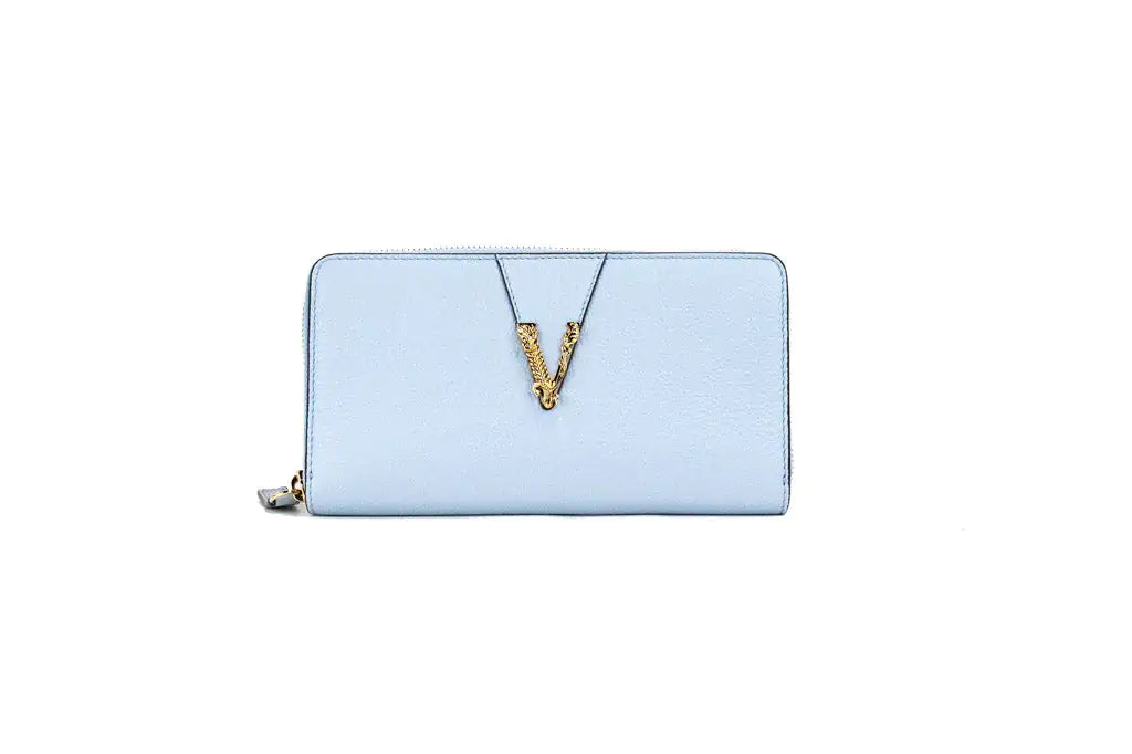 Versace Large Cornflower Leather Gold Monogram Zip Around Wallet Mimarta