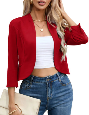 KOJOOIN Womens Cropped Blazer Casual Business 3/4 Sleeve Collarless Open Front Ruffle Work Office Cardigan Suit Jacket Shrug Red Small Mimarta