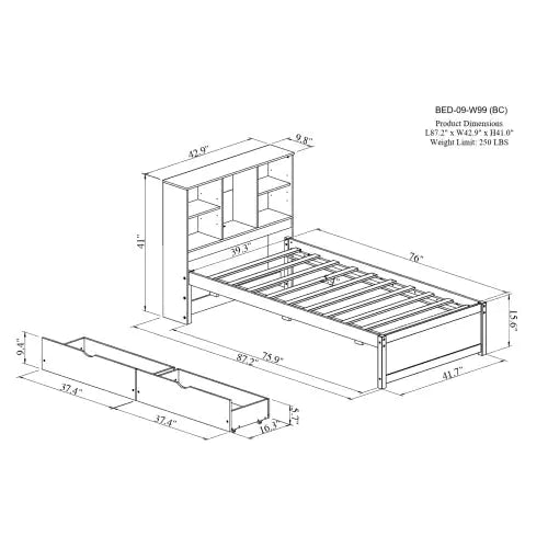 Modern Twin Size Bed Frame With Built-in USB Port On Bookcase Headboard And 2 Drawers For Walnut Color Rieworkes