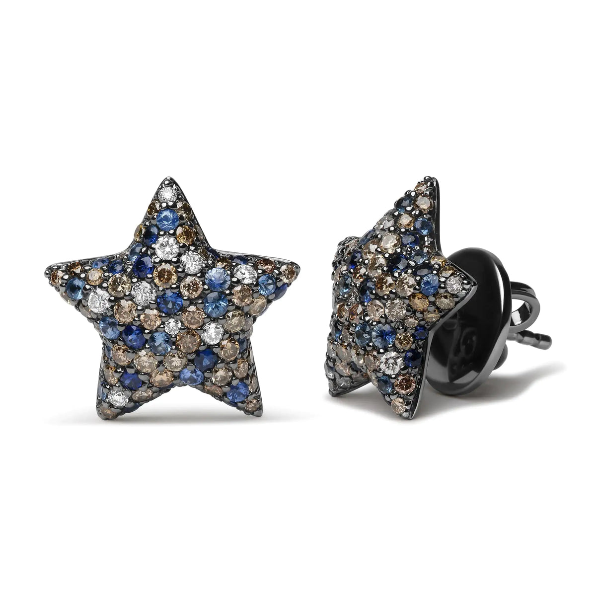 Black Rhodium Plated 18K White Gold 1.00 Cttw Diamond and Round Blue Sapphire Gemstone Micro-Pave Star Stud Earrings (Brown and G-H Color, SI1-SI2 Clarity) Rieworkes