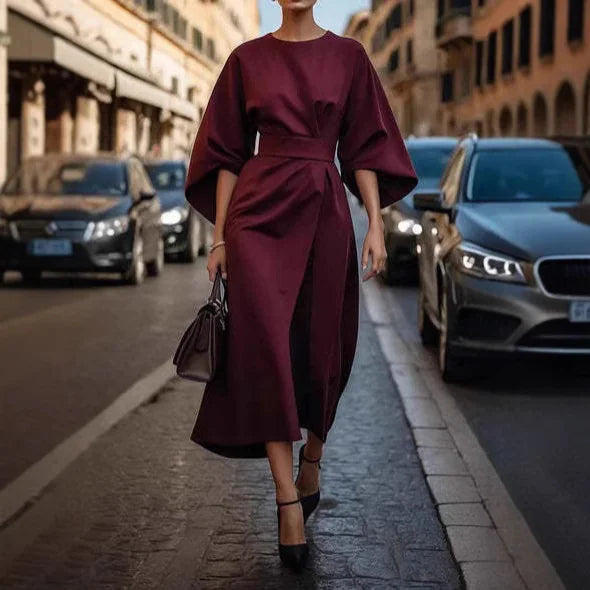 Loose Batwing Sleeve Dress Fashion Waist-tighted Solid Color Elegant Dresses For Women Clothing Mimarta