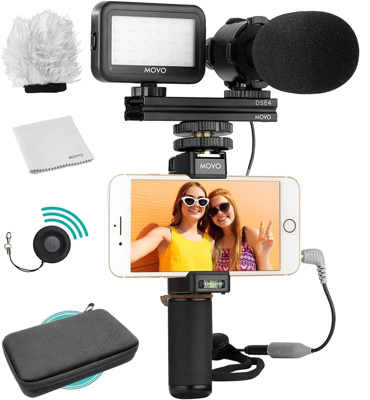 Movo Vlog Kit V7 - YouTube Starter Kit with Grip Stereo Microphone Light and Wireless Remote Vlogging Kit for iPhone for YouTube TikTok Vlogging Equipment for iPhone/Android - iPhone Vlogging Kit Mimarta