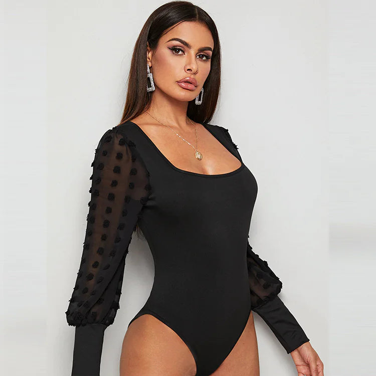 Slim Fit Square Collar Mesh Long Sleeve Bodysuit for Women Rieworkes