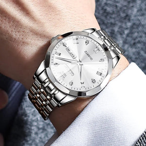 OLEVS Watch for Men Diamond Business Dress Analog Quartz Stainless Steel Waterproof Luminous Date Two Tone Luxury Casual Wrist Watch silver watch for men Rieworkes