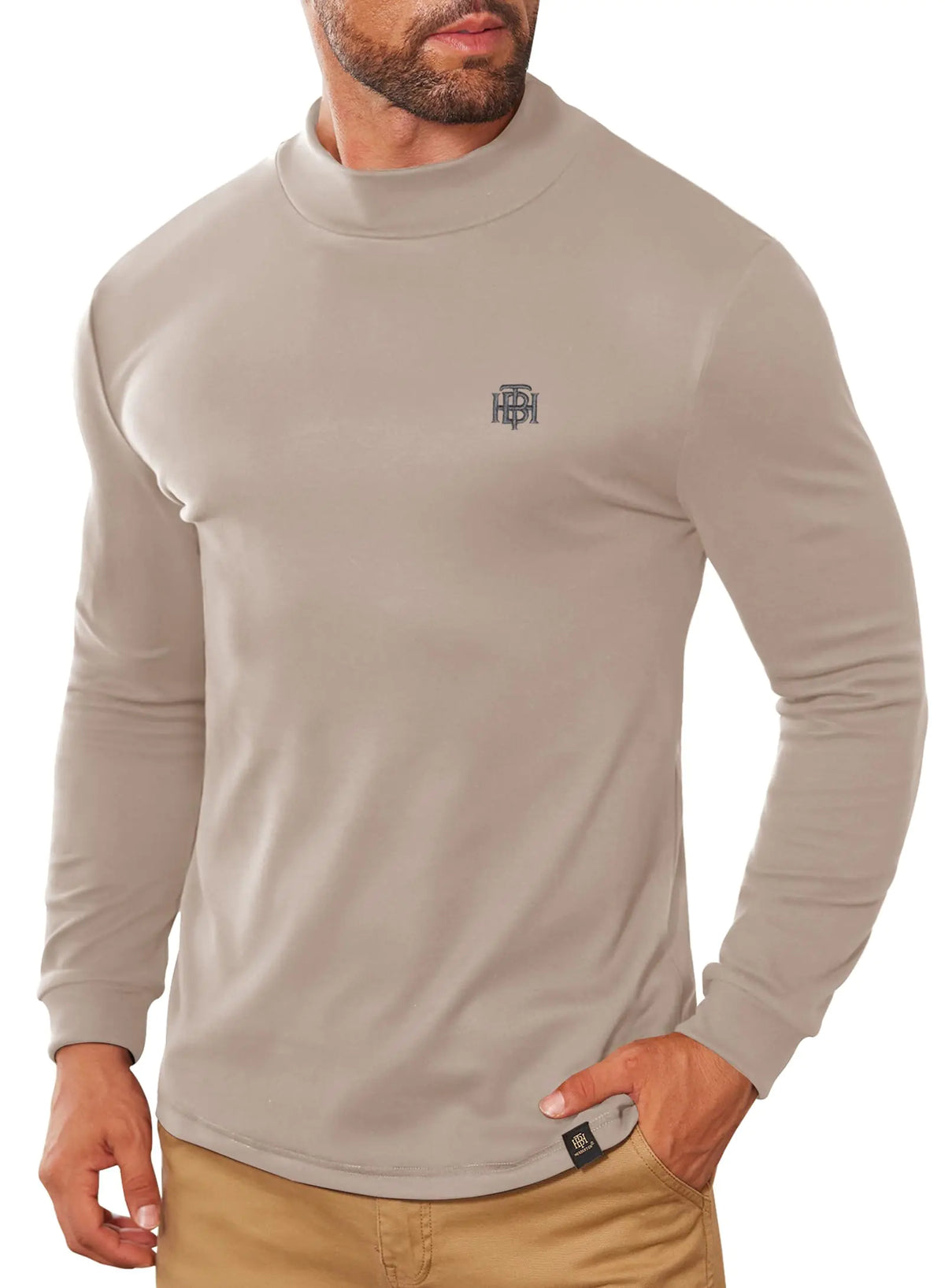 Herberton Mens Soft Tops Stretchy Pullover Fleece Lined Long Sleeve Thermal Mock Neck Warm Thermal Shirts Beige L Mimarta