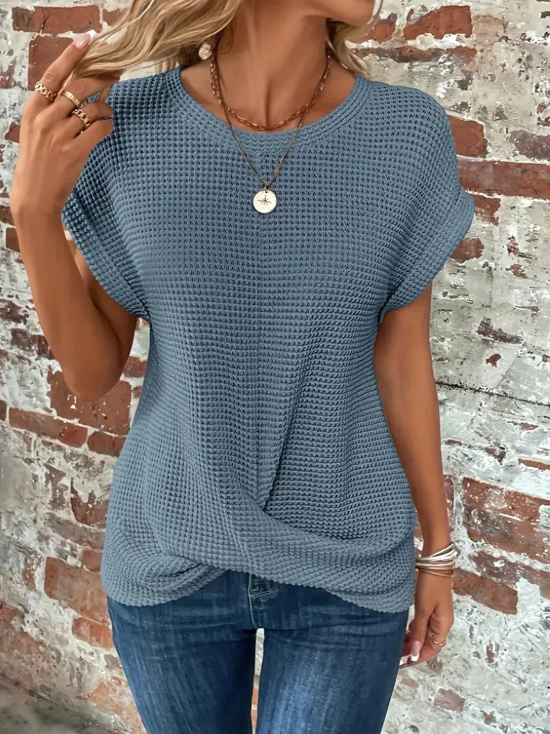 Chic and Comfy: Summer Solid Color Waffle Crew Neck Tee for Women Rieworkes