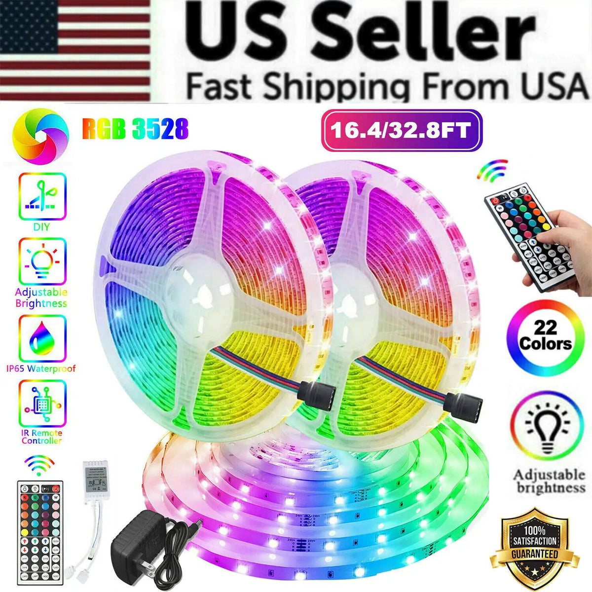 32FT LED SMD Strip Light Flexible 3528 RGB Remote Fairy Lights Room TV Party Bar Rieworkes
