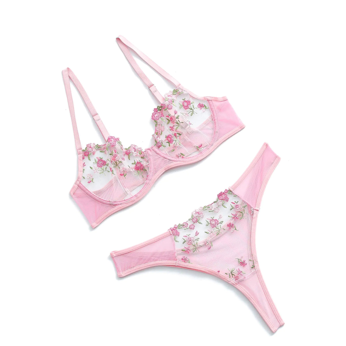 Vorixia Lingerie Set With Exotic Foral EmbroiderySexy Bra and Panty Set For Women See Through Sheer Mesh Cute Underwire(PINKL) Rieworkes