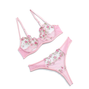 Vorixia Lingerie Set With Exotic Foral EmbroiderySexy Bra and Panty Set For Women See Through Sheer Mesh Cute Underwire(PINKL) Rieworkes
