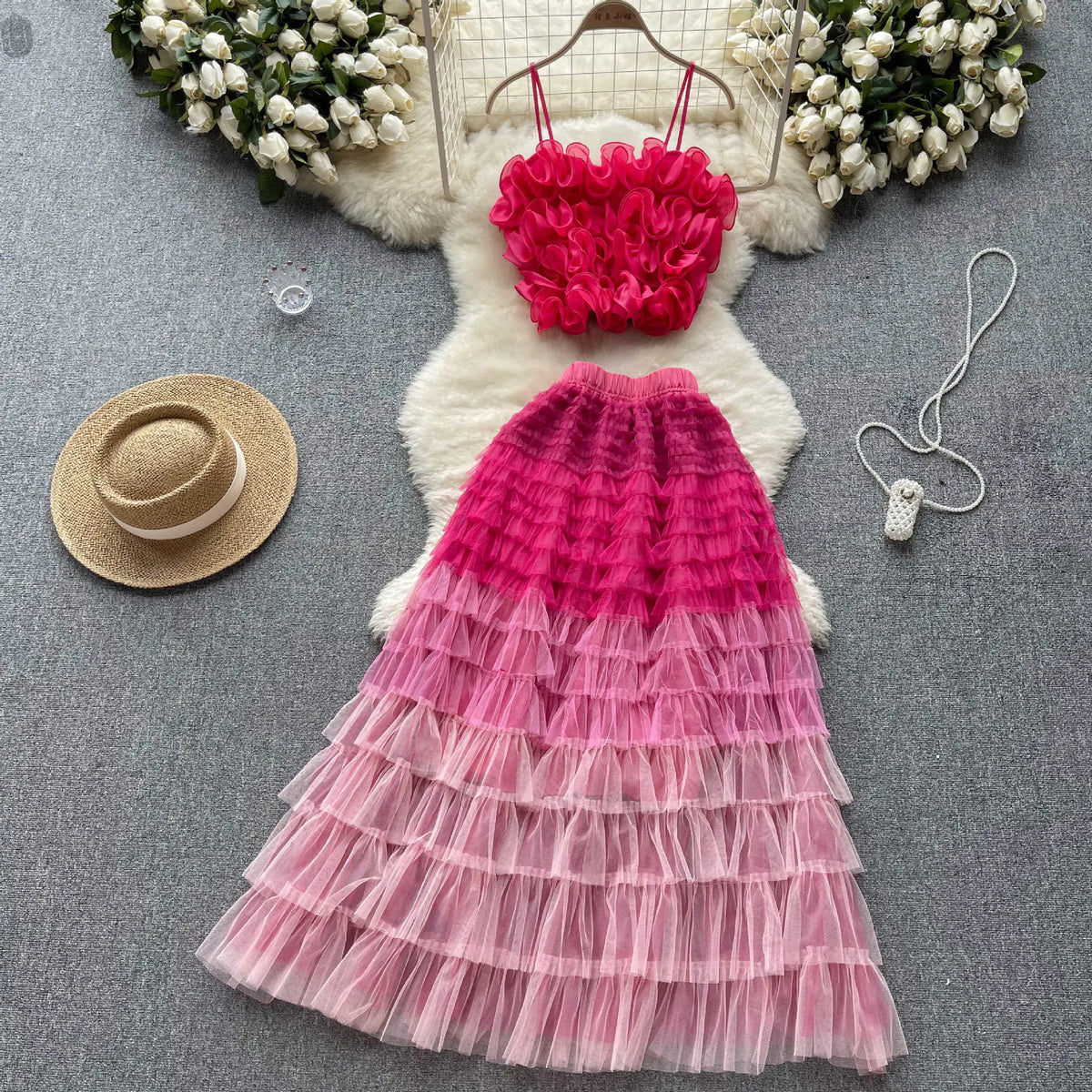 Elegant Women's Floral Mesh Two-Piece Set with Top and Skirt Mimarta