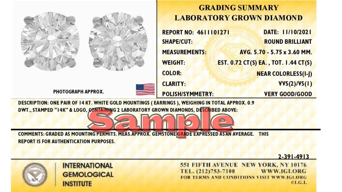 IGI Certified 14K White Gold 1 1/2 Cttw Lab Grown Diamond Solitaire Stud Earrings with Screwbacks (I-J Color, VVS2-VS1 Clarity) Rieworkes