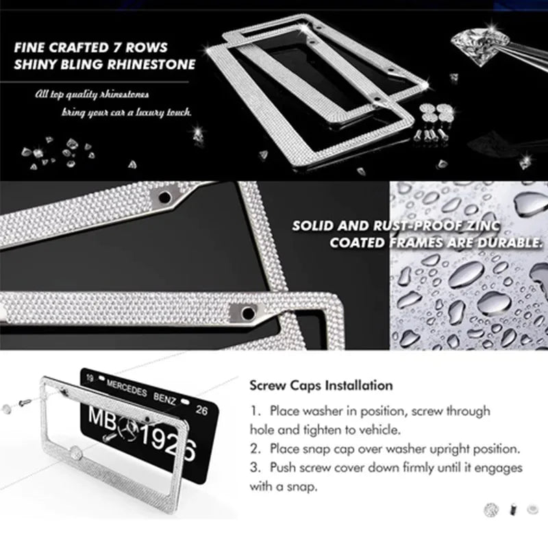 2PCS Bling License Plate Frame Glitter Crystal Sparkling Rhinestone Diamond Caps Rieworkes