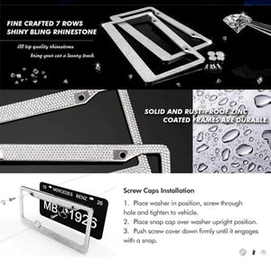 2PCS Bling License Plate Frame Glitter Crystal Sparkling Rhinestone Diamond Caps Rieworkes