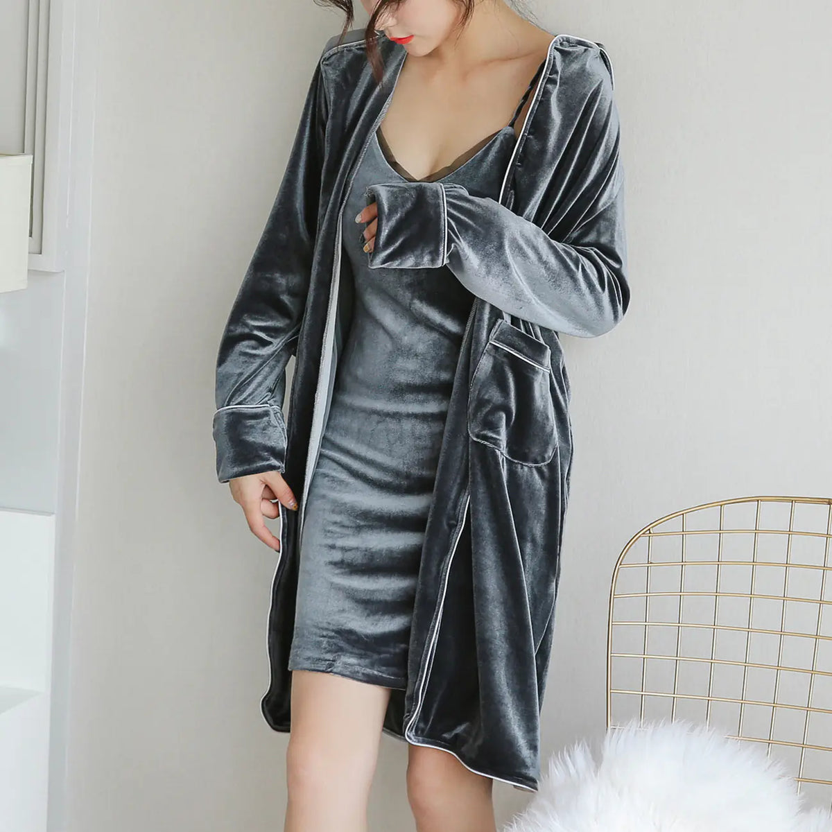Luxury Velvet Three-Piece Pajama Set with Robe Mimarta
