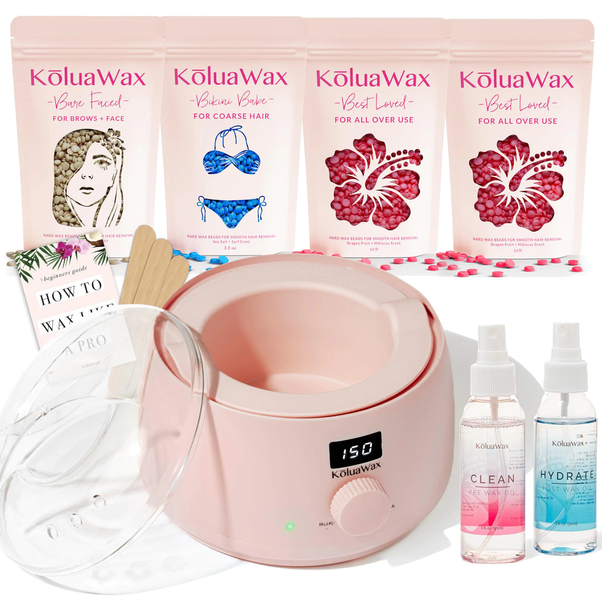 KoluaWax Premium Waxing Kit for Women - Hot Melt Wax Warmer for Hair Removal, Eyebrow, Bikini, Legs, Face, Brazilian Wax & More - Machine + 4-Pack Hard Wax Beads + Accessories, Blush Rieworkes