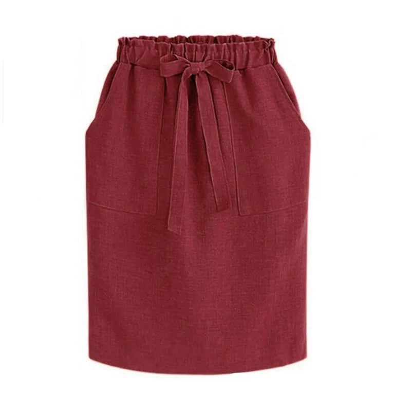 Women's Cotton Elastic Waist Bow Skirt - Summer/Autumn Midi Office Pencil Style (Green) Rieworkes
