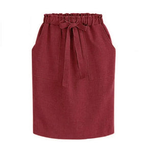 Women's Cotton Elastic Waist Bow Skirt - Summer/Autumn Midi Office Pencil Style (Green) Rieworkes