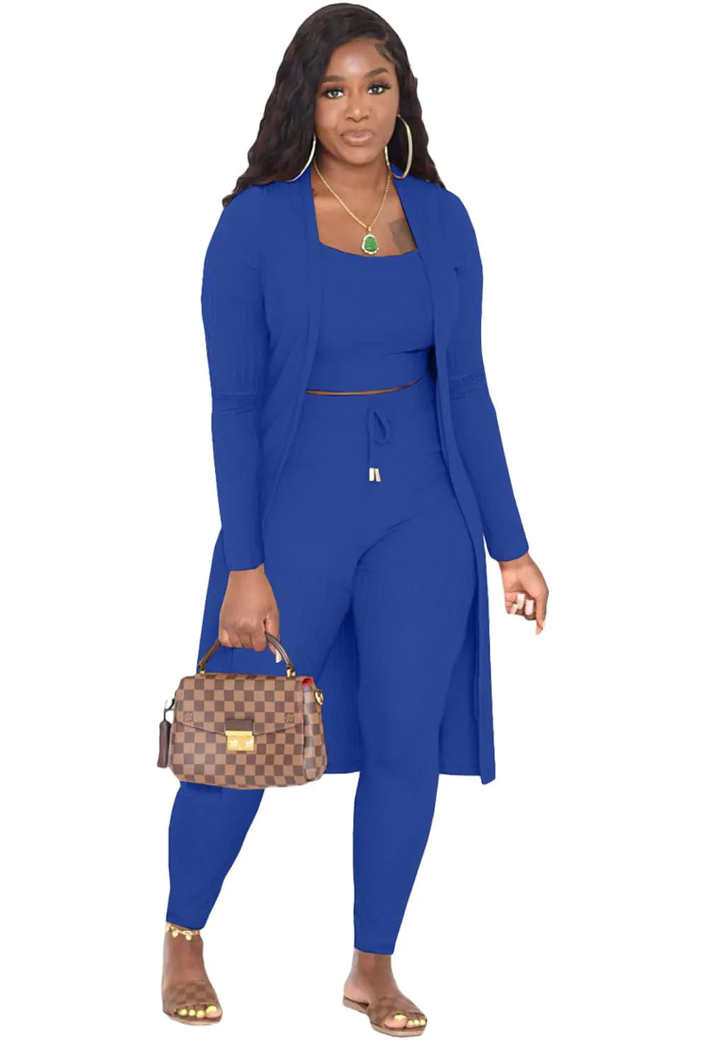 Women‘s 3 Piece Lounge Set Pajamas Set Long Cardigan Crop Tank Drawstring Pants Loungewear Outfits Rieworkes