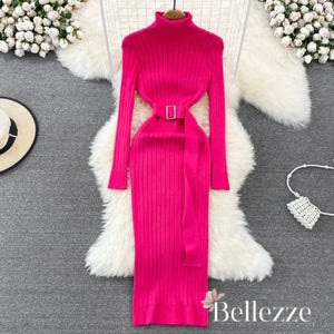 Turtleneck Sexy Wrap Hips Knitted Dresses Rieworkes
