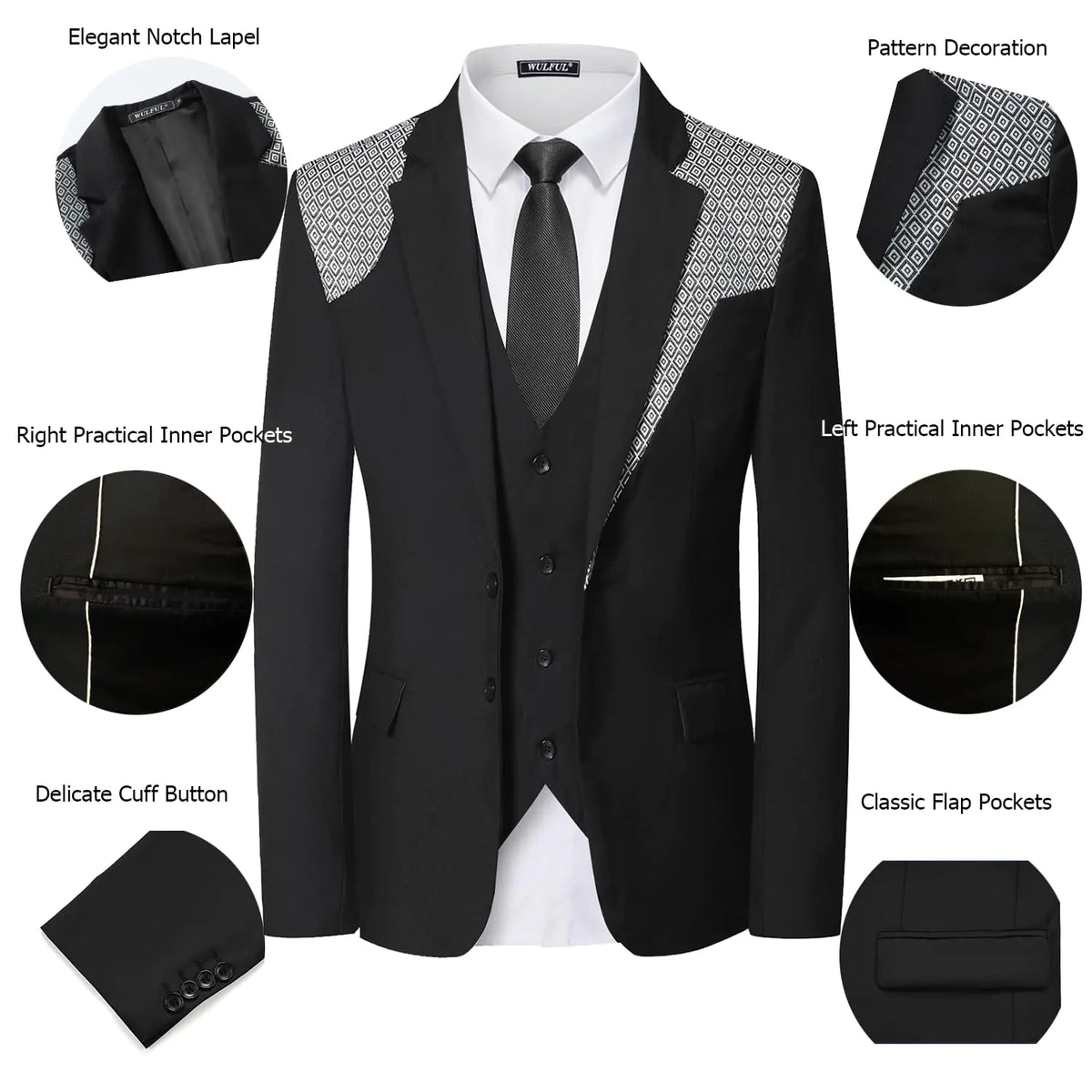 WULFUL Men's 3 Piece Slim Fit Suit Set Two Button Blazer Jacket Vest Pants Tuxedo Set for Party, Wedding and Business Medium Black-0371 Rieworkes