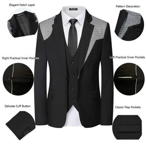 WULFUL Men's 3 Piece Slim Fit Suit Set Two Button Blazer Jacket Vest Pants Tuxedo Set for Party, Wedding and Business Medium Black-0371 Rieworkes