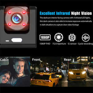 Car Dual Lens Dash Cam HD 1080P Front/Rear/Inside Video Recorder Camera G-Sensor Rieworkes