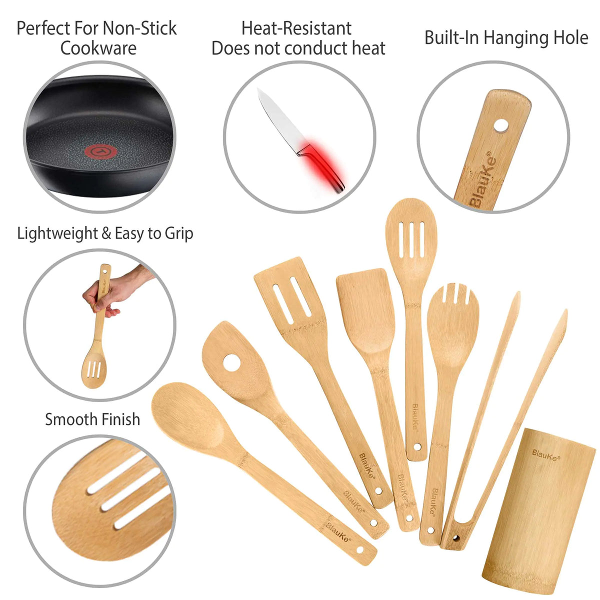 Bamboo Kitchen Utensils Set 8-Pack - Wooden Cooking Utensils for Nonstick Cookware - Wooden Cooking Spoons, Spatulas, Turner, Tongs, Utensil Holder Rieworkes